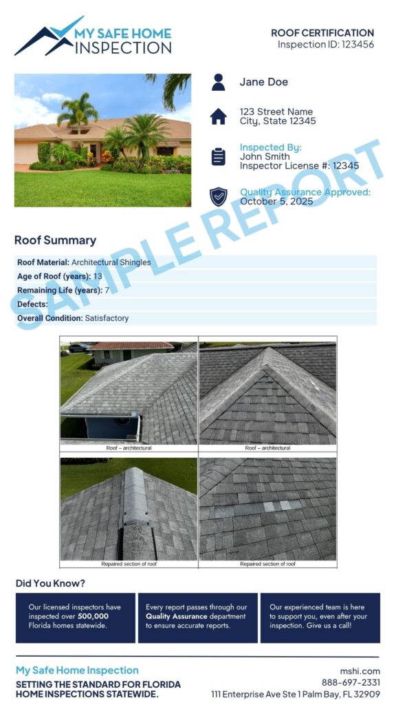 sample report of a roof certification inspection in pompano beach florida